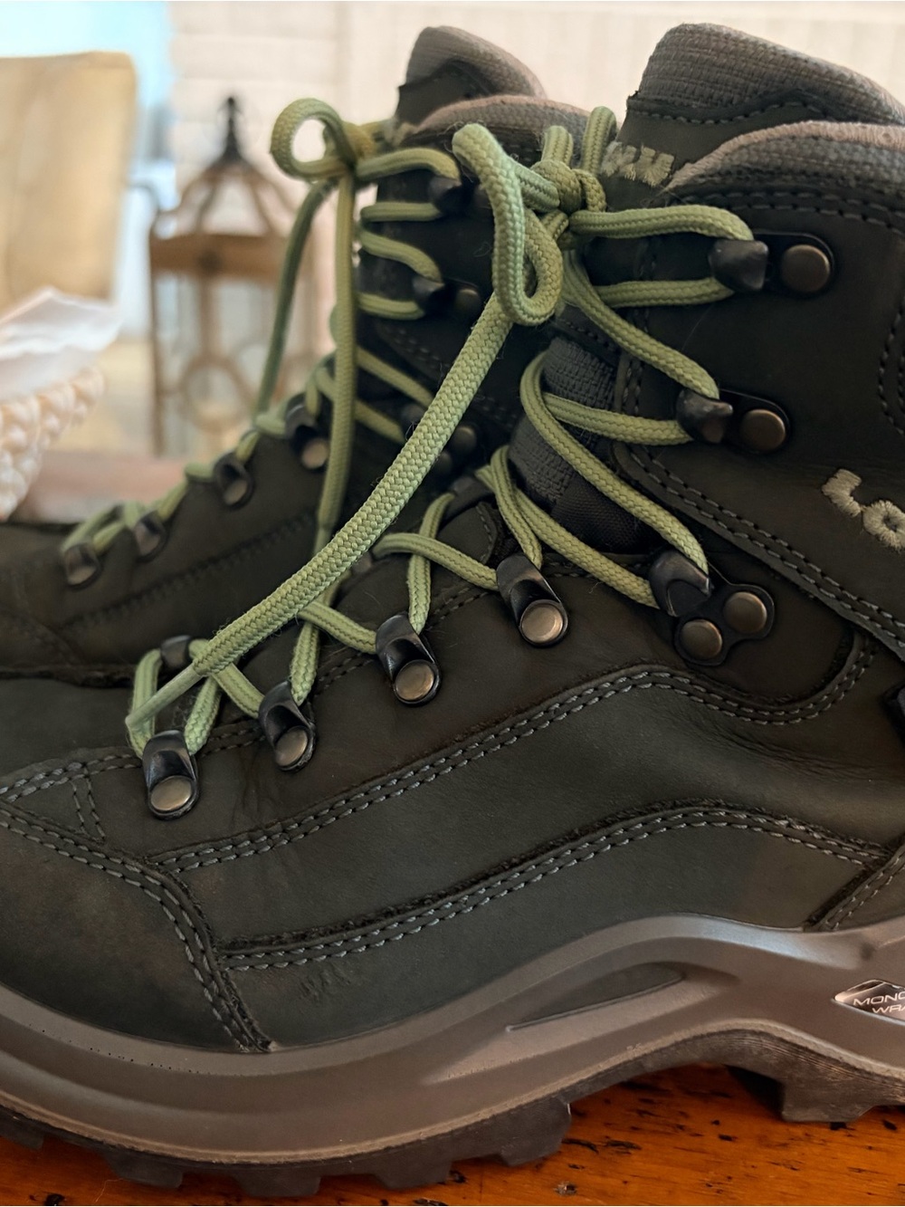 Lowa Women's Olive Green Lace-Up Hiking Boots with Light Green Laces